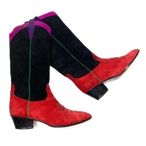Vintage 80s Anne Klein Red Black Suede Heeled Boots
